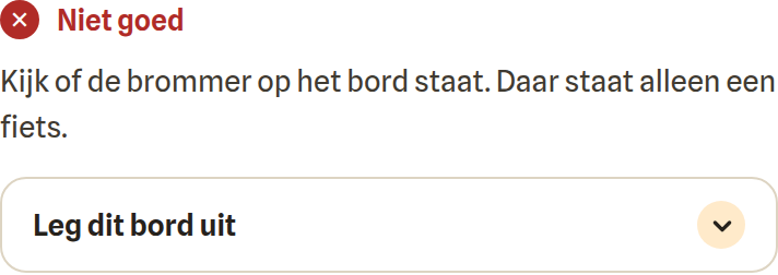 Uitvergroot stuk van hetzelfde scherm: het woord Niet goed, daaronder de zin waarom het aangetikte antwoord het niet is, en een knop om het stap voor stap uit te leggen.