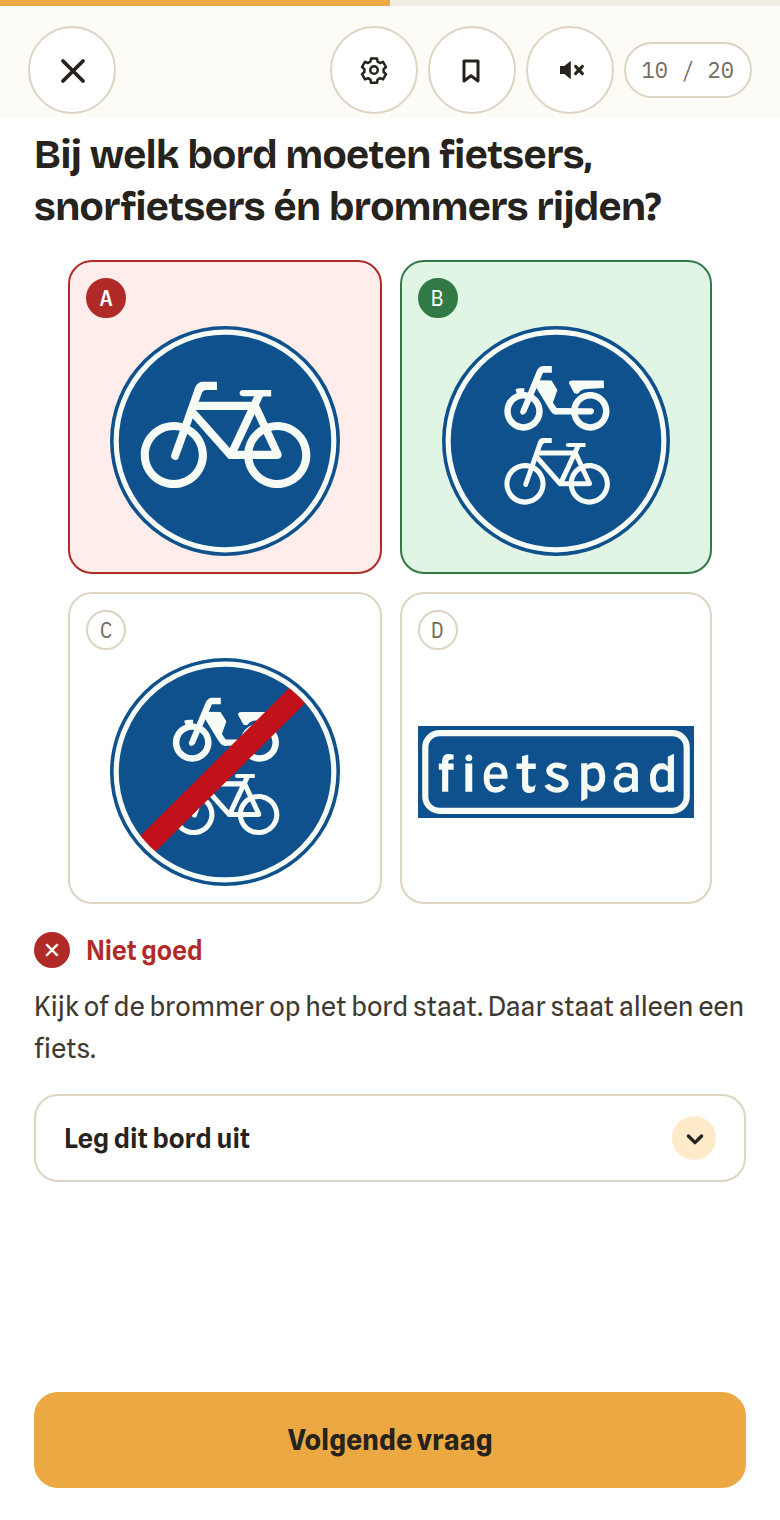 Het oefenscherm na een fout antwoord: het aangetikte bord staat rood omrand, het goede groen, en eronder staat waarom het aangetikte antwoord niet klopt.